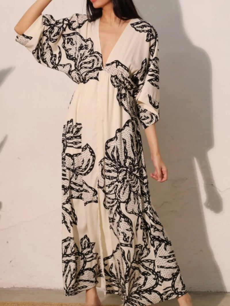 Ivory Black Floral Deco Kimono Maxi Dress