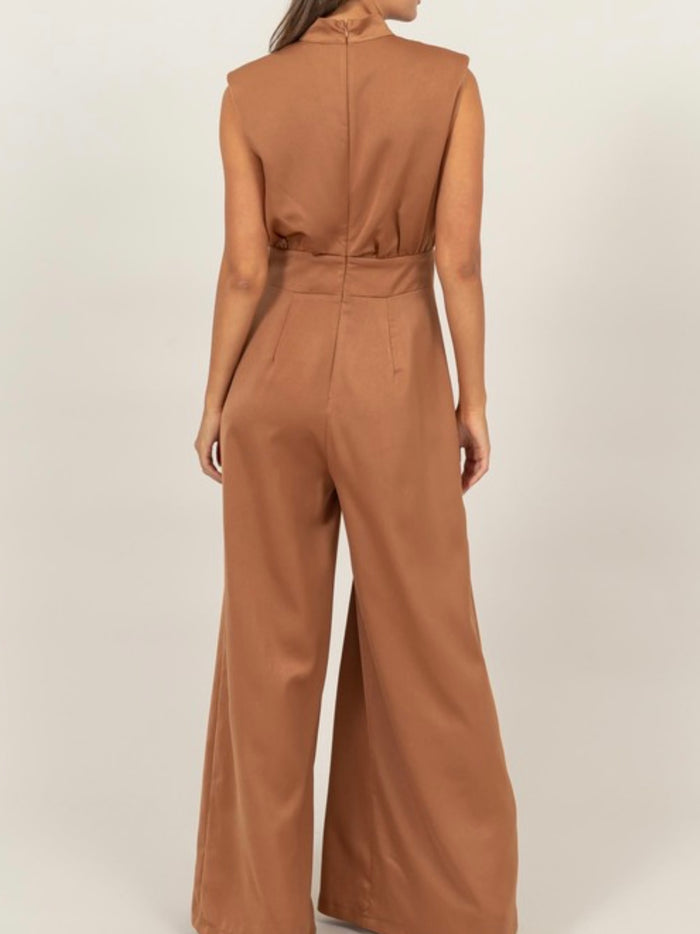 High Neck Sleeveless Wide Leg Satin Jumpsuit