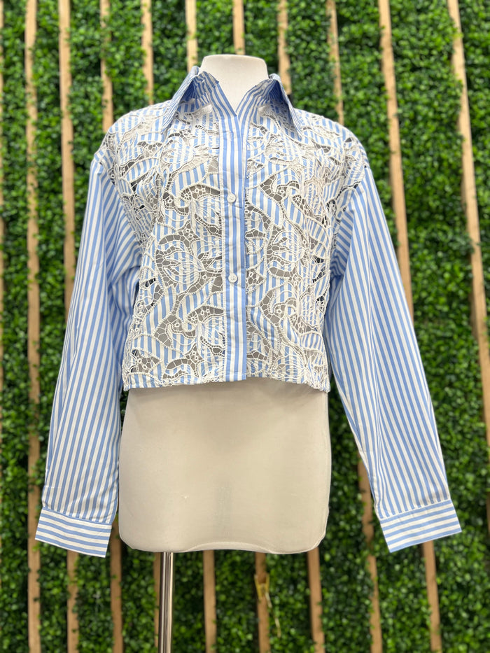 Blue Striped Embroidered Crop Blouse