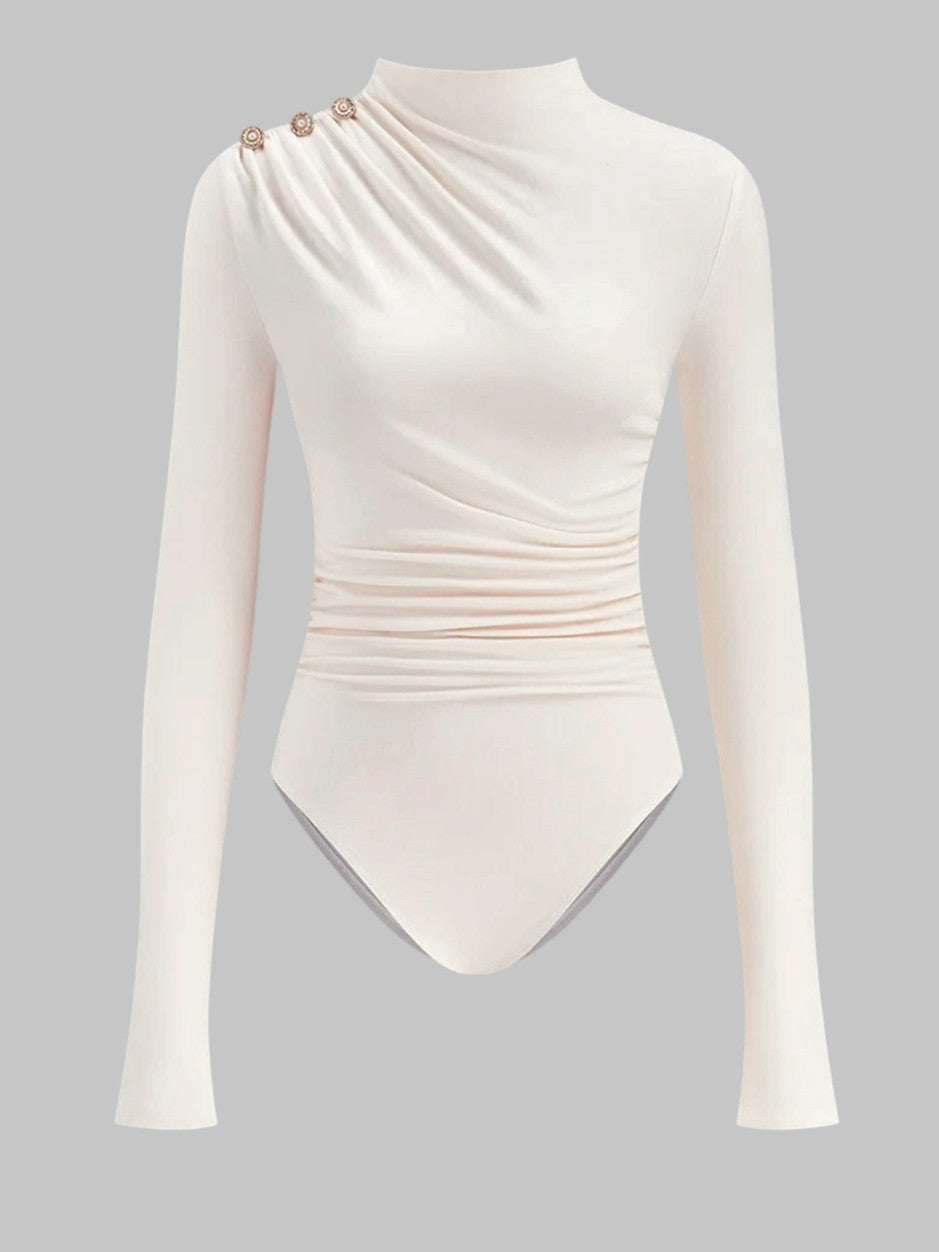 Ruched Mock Neck Bodysuit with Jeweled Shoulder Buttons