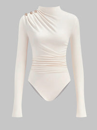 Ruched Mock Neck Bodysuit with Jeweled Shoulder Buttons