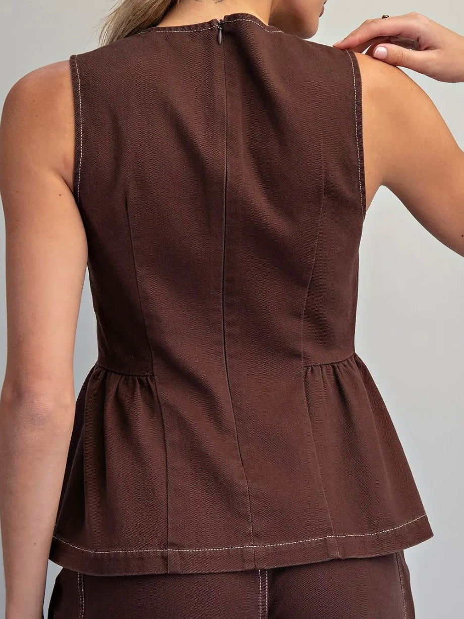Oak Brown Stitch Detail Sleeveless Peplum Top