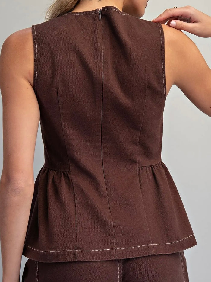 Oak Brown Stitch Detail Sleeveless Peplum Top