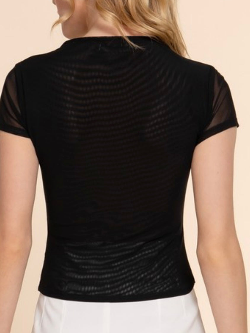 Black Sheer Mesh Short-Sleeve Top