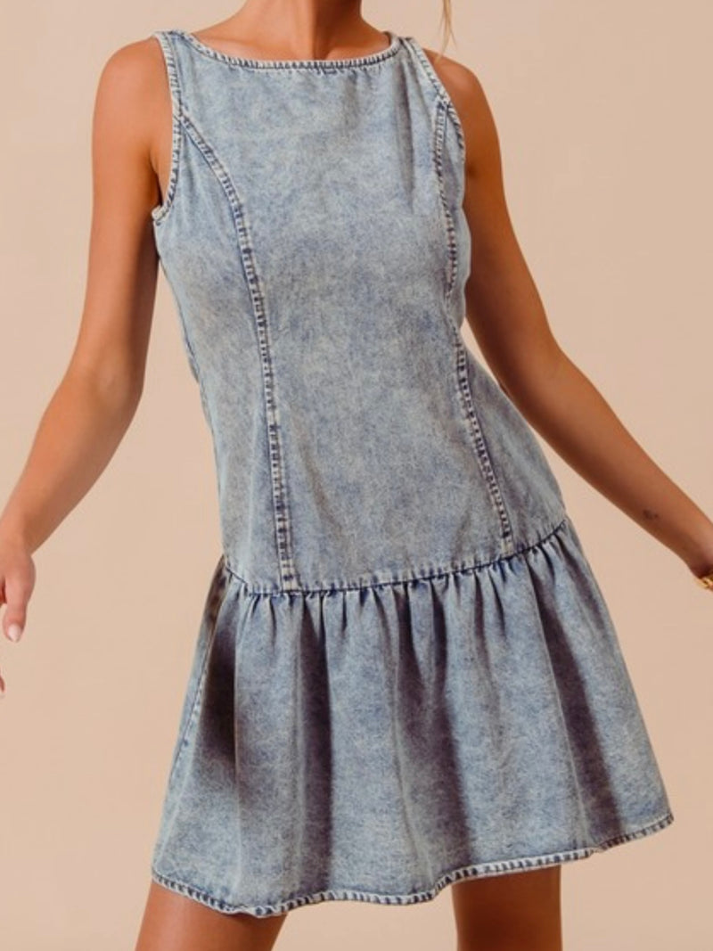 Mineral Wash Fitted Drop Waist Denim Dress