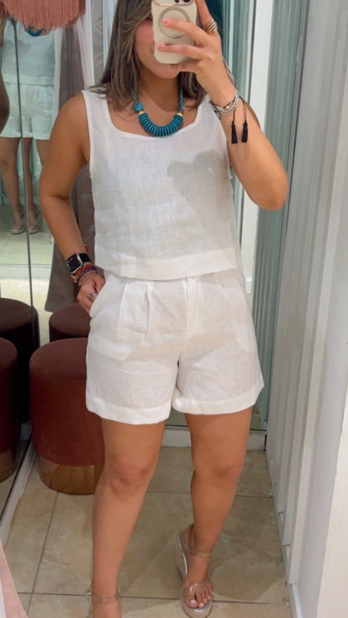 White Square Neck Linen Crop Top