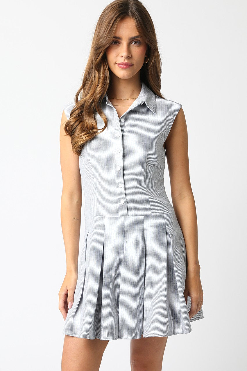 Denim Blue Striped Short Collar Dress