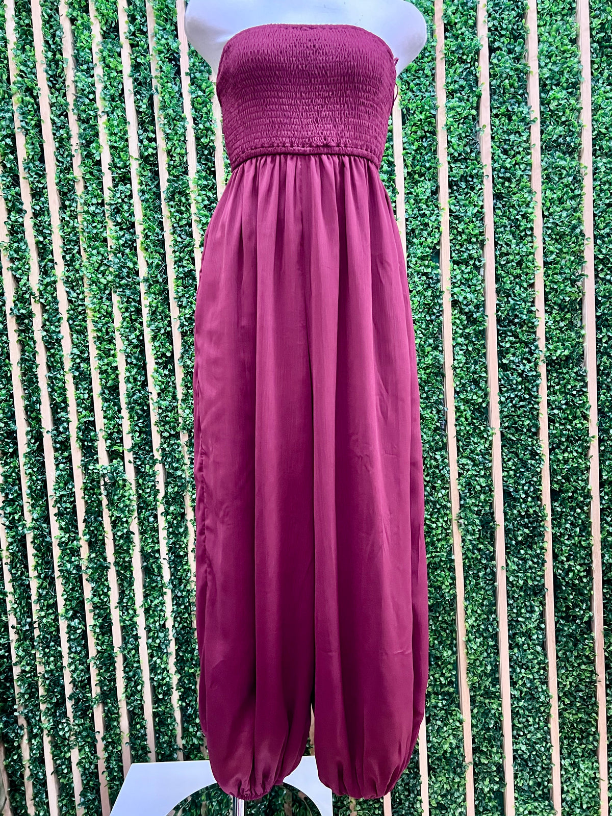Dressy Strapless Smocked Wide-Leg Jumpsuit