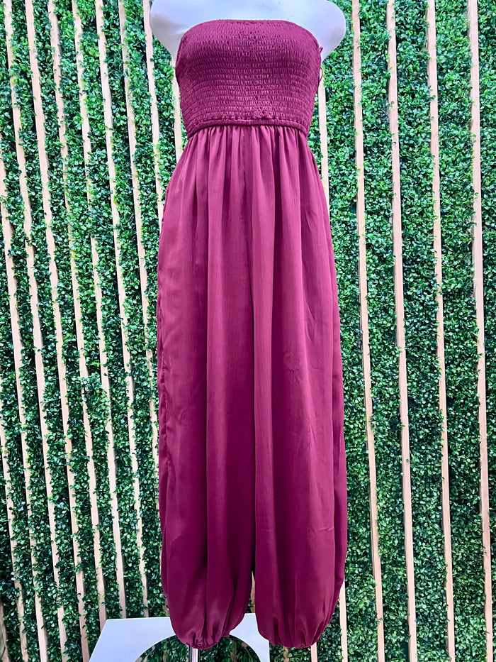 Dressy Strapless Smocked Wide-Leg Jumpsuit
