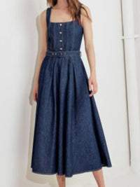 Dark Denim Square Neck Fitted Midi Dress