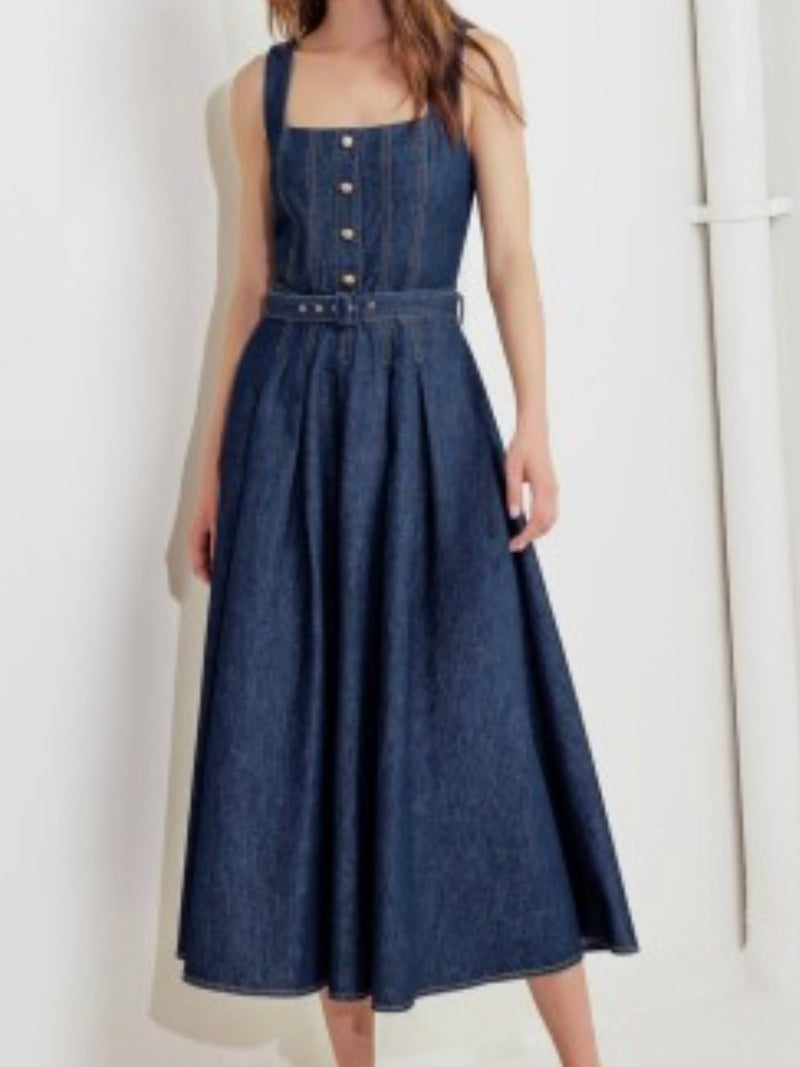 Dark Denim Square Neck Fitted Midi Dress
