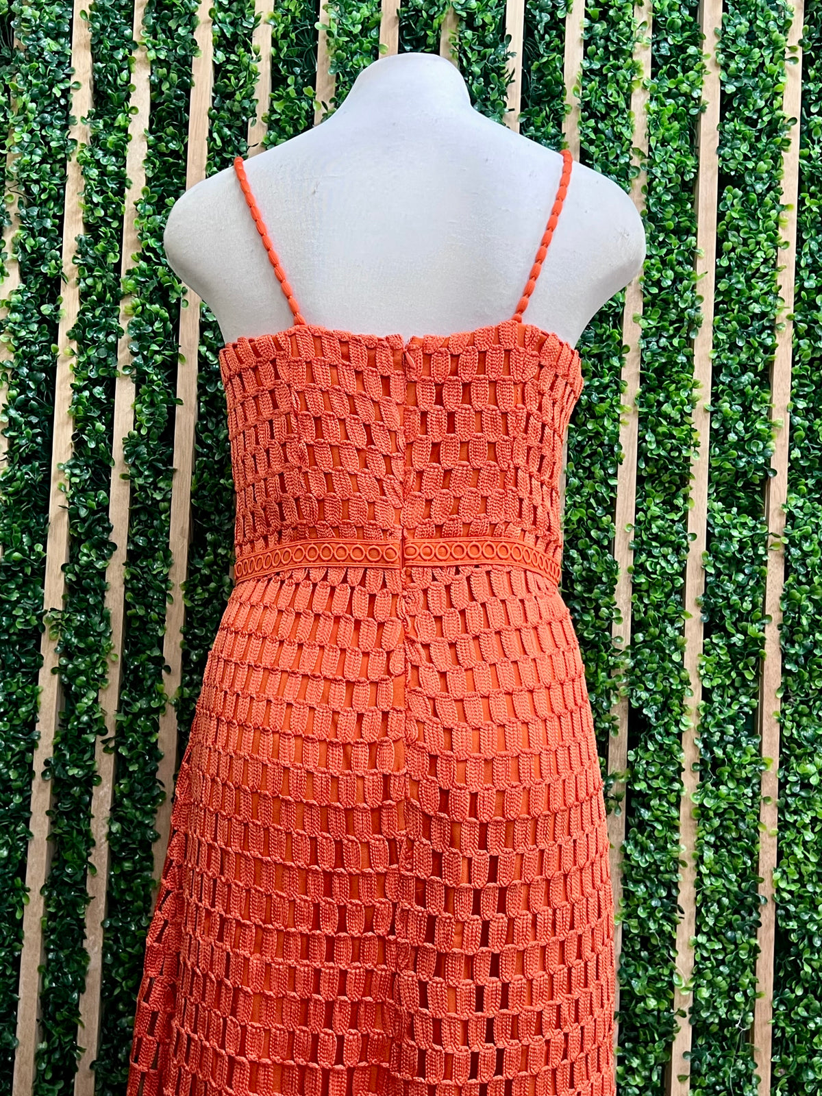 Exquisite Orange Crochet Midi Dress with Spaghetti Straps