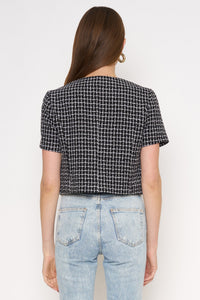 Black & White Tweed Button Front Top with Gold Buttons