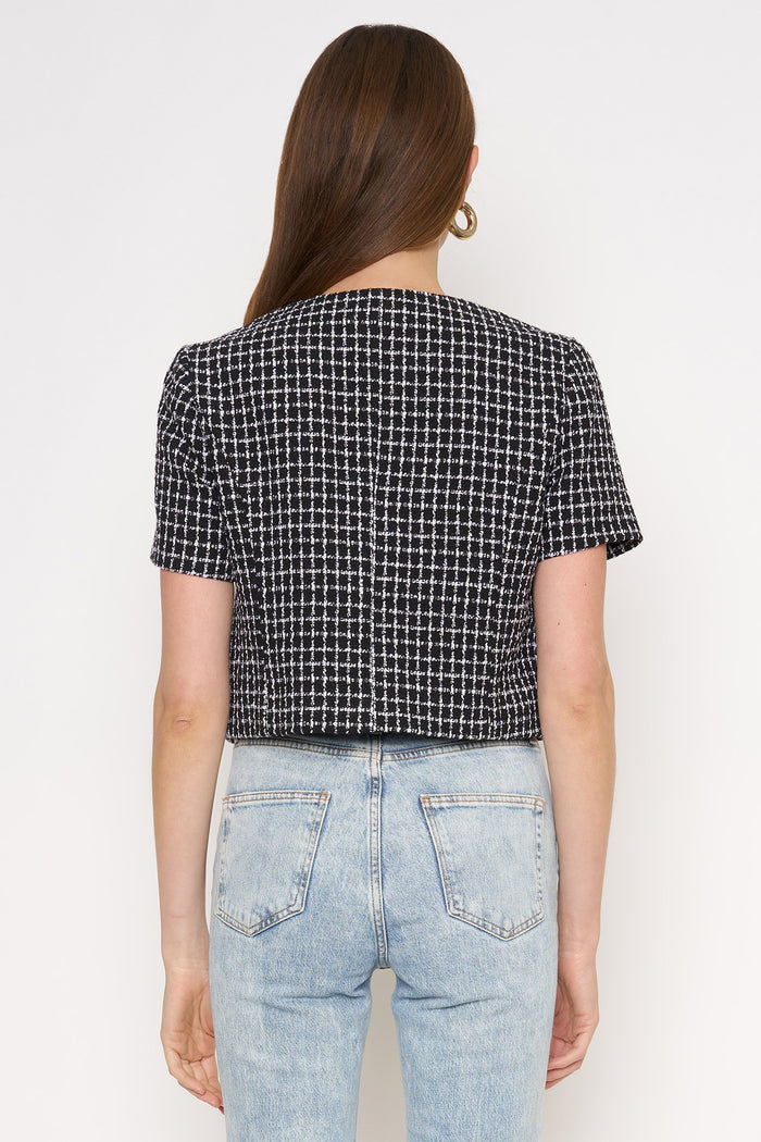 Black & White Tweed Button Front Top with Gold Buttons