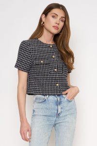 Black & White Tweed Button Front Top with Gold Buttons