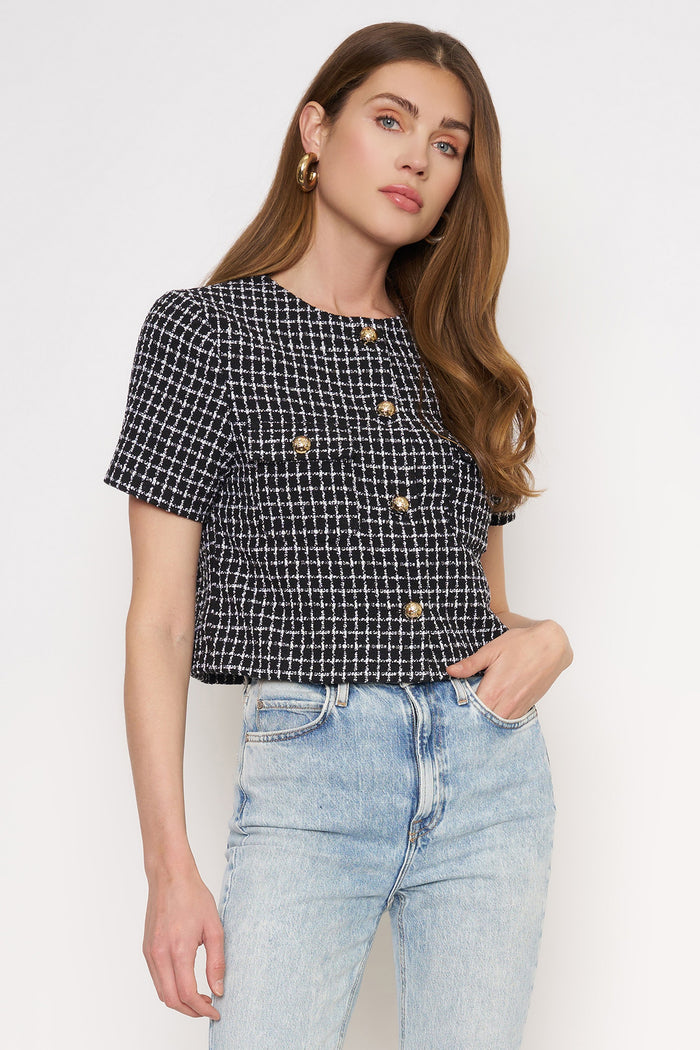 Black & White Tweed Button Front Top with Gold Buttons