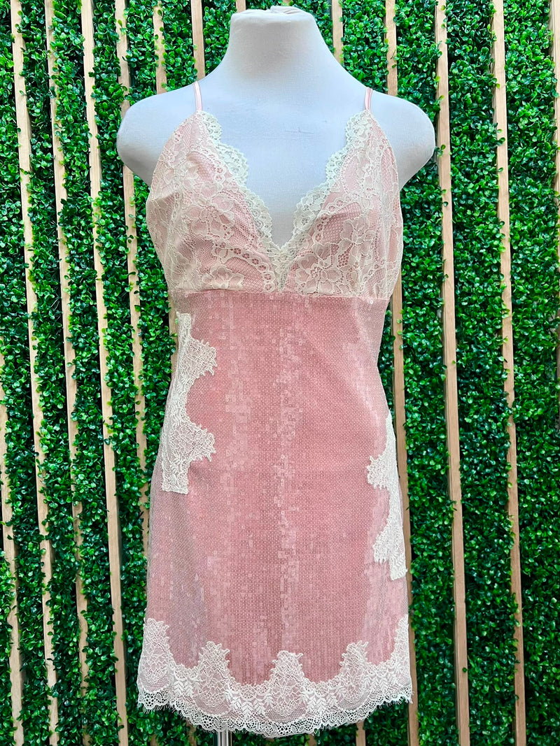 Pink Sequin A-Line Cami Dress with Lace Appliqué