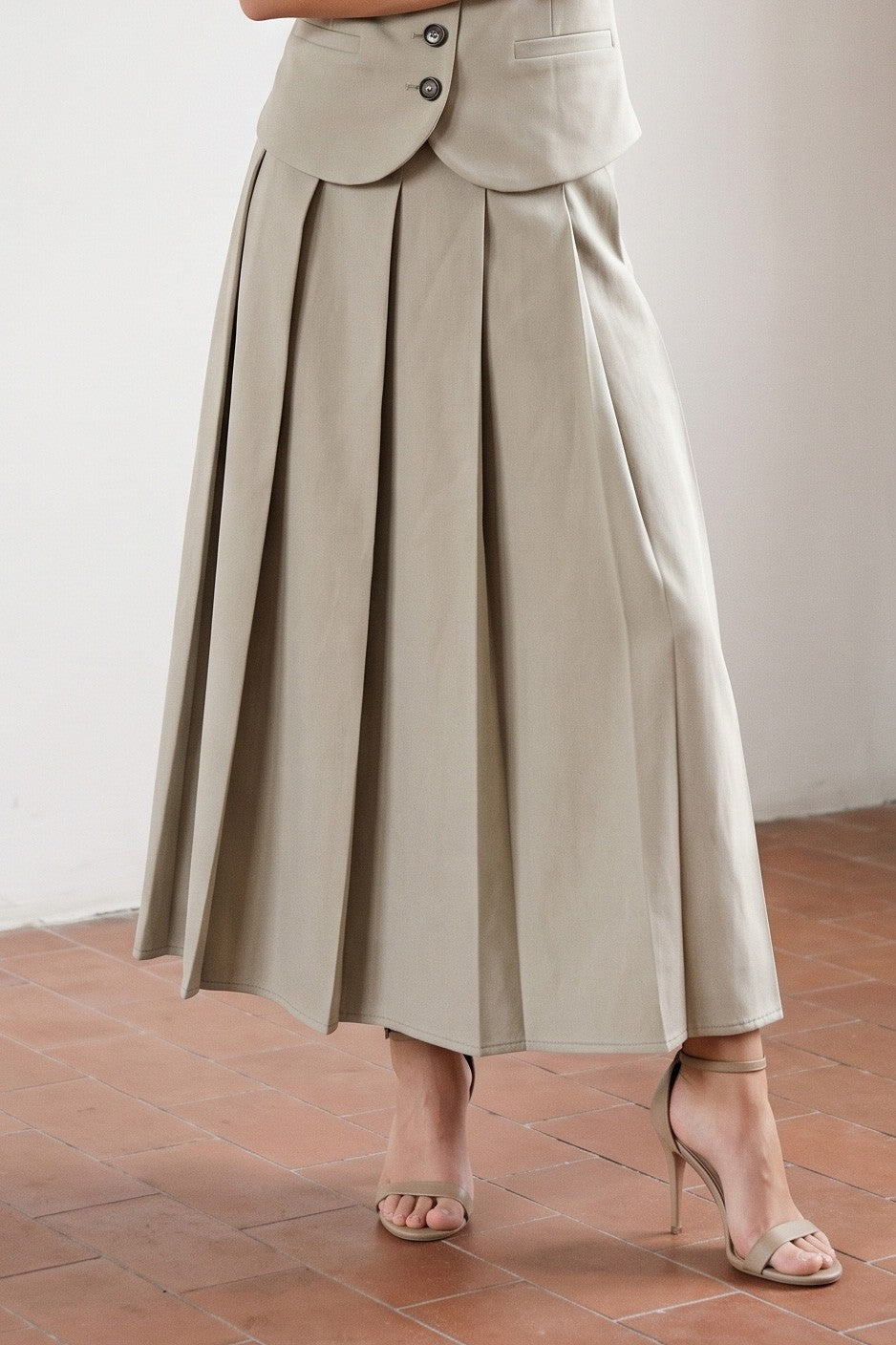 Beige Pleated Button Detail Midi Skirt