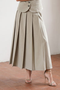Beige Pleated Button Detail Midi Skirt