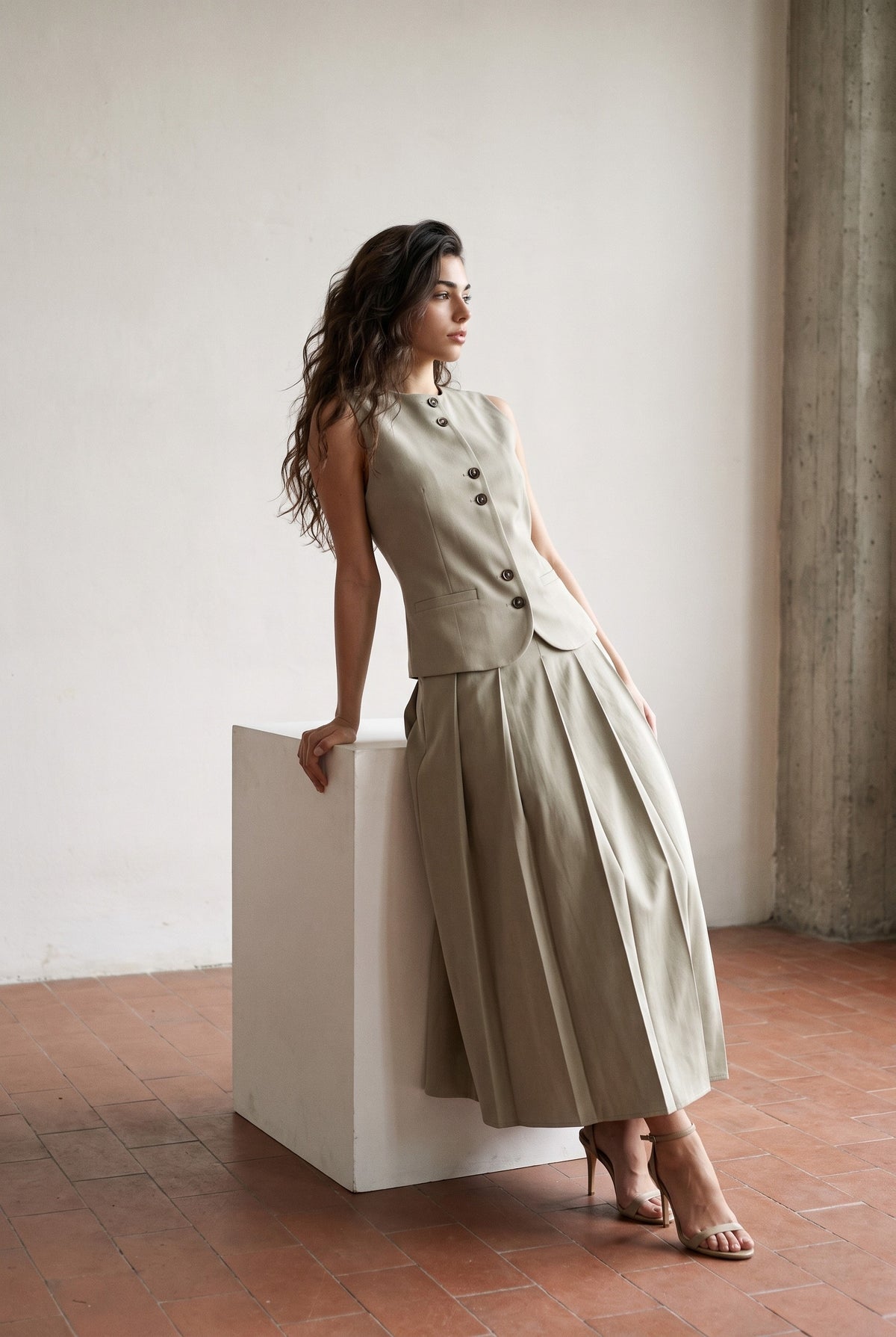 Beige Pleated Button Detail Midi Skirt