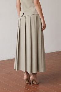 Beige Pleated Button Detail Midi Skirt