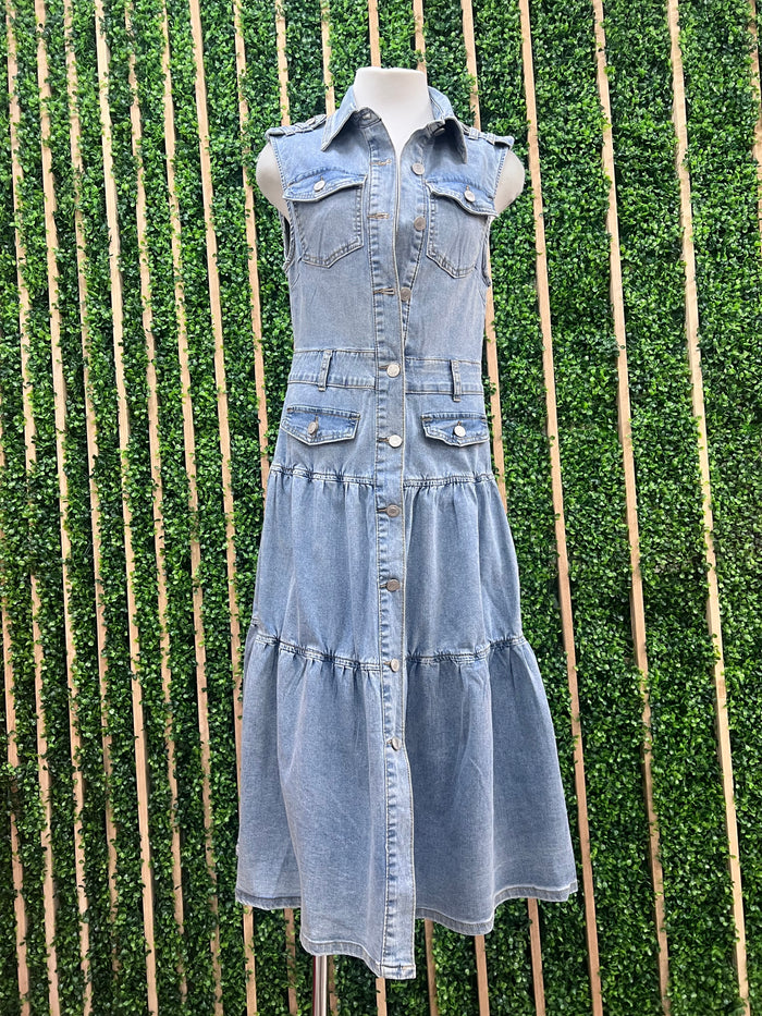 Collared Sleeveless Tiered Denim Midi Dress