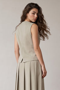 Beige Button-Down Round Neck Vest
