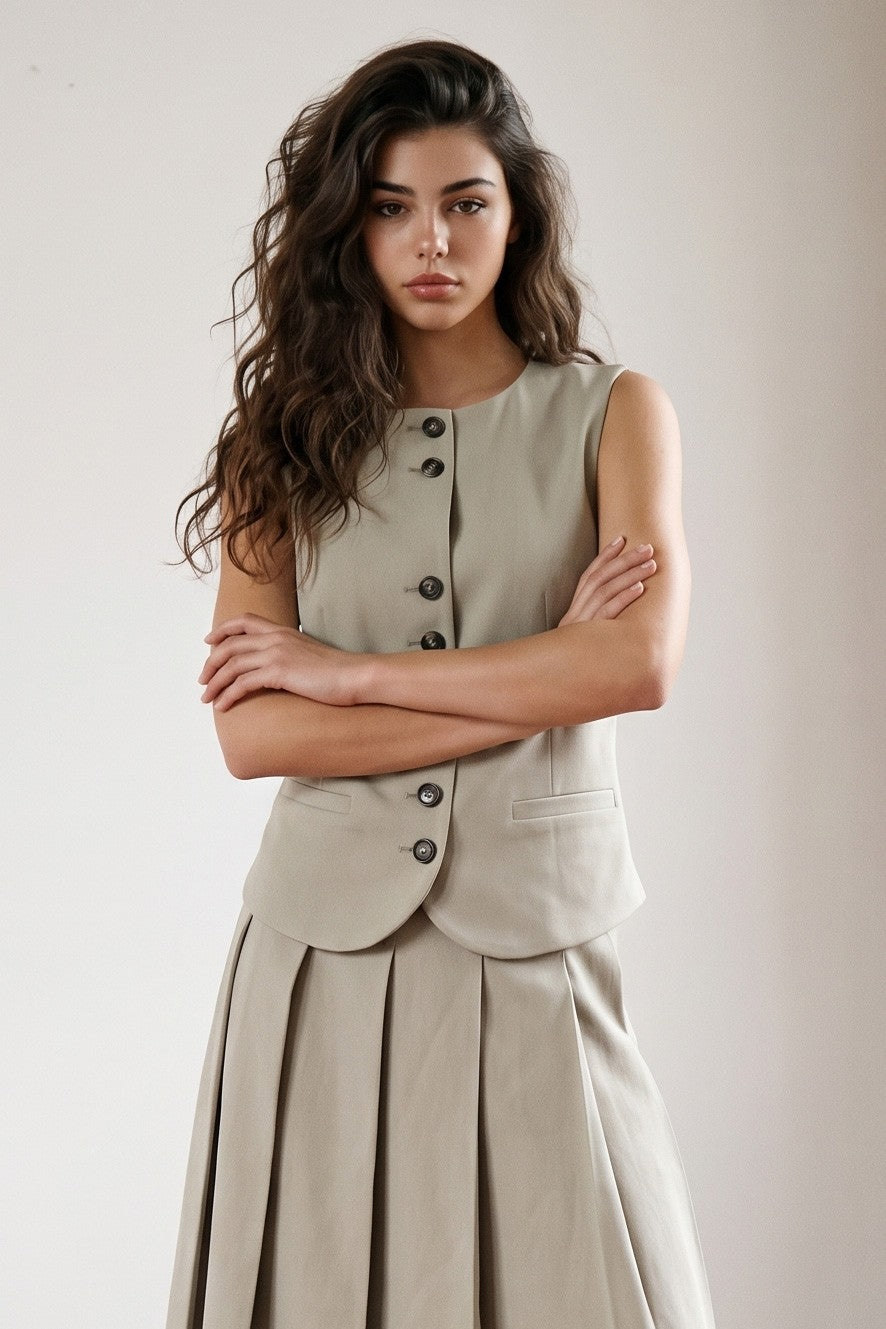Beige Button-Down Round Neck Vest