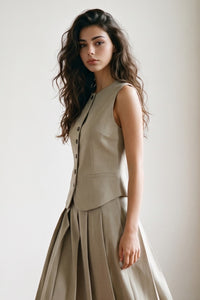 Beige Pleated Button Detail Midi Skirt
