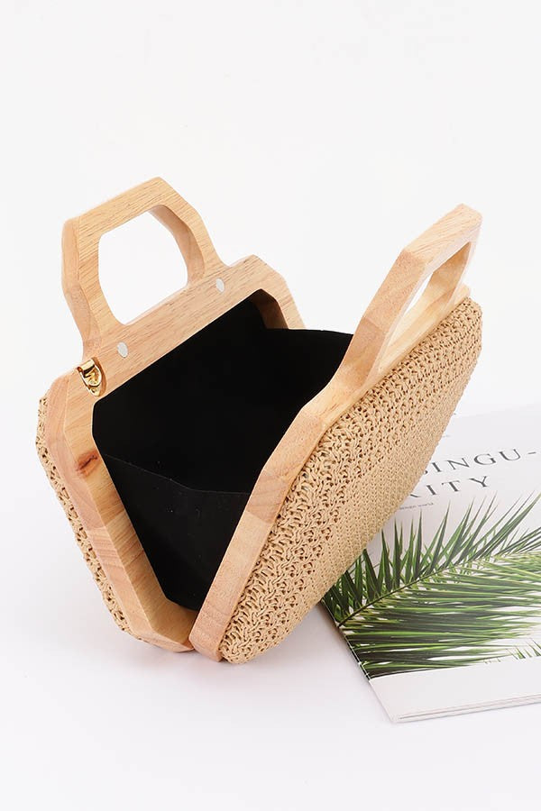 Woven Straw Box Handbag with Wooden Handle & Chain Strap