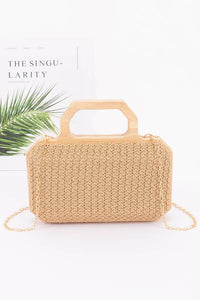 Woven Straw Box Handbag with Wooden Handle & Chain Strap