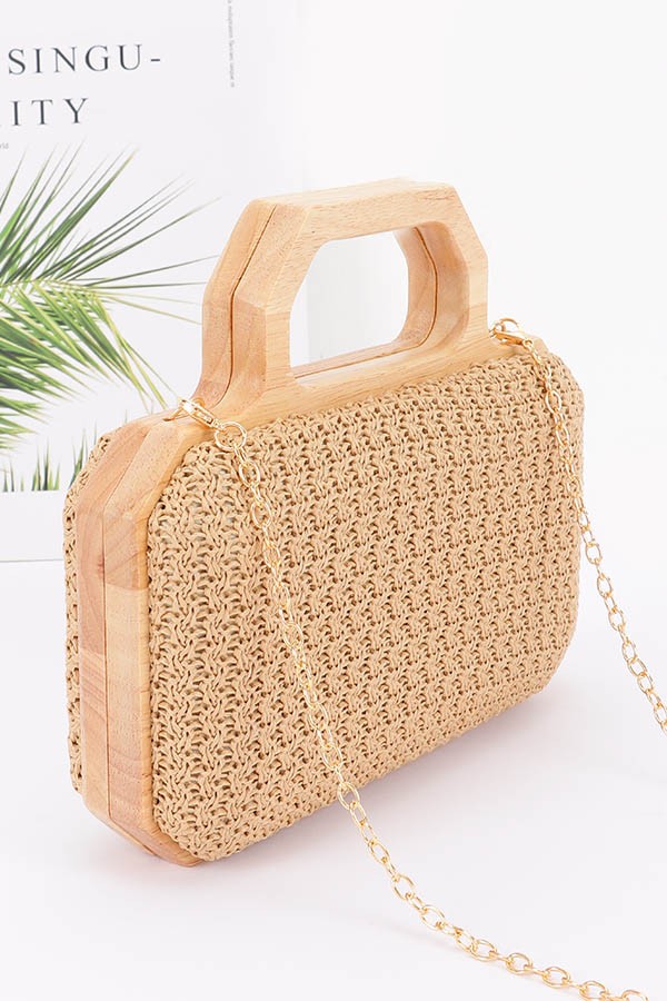 Woven Straw Box Handbag with Wooden Handle & Chain Strap