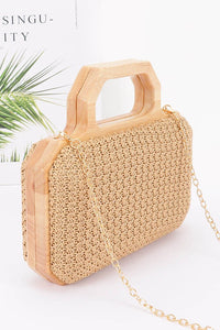 Woven Straw Box Handbag with Wooden Handle & Chain Strap