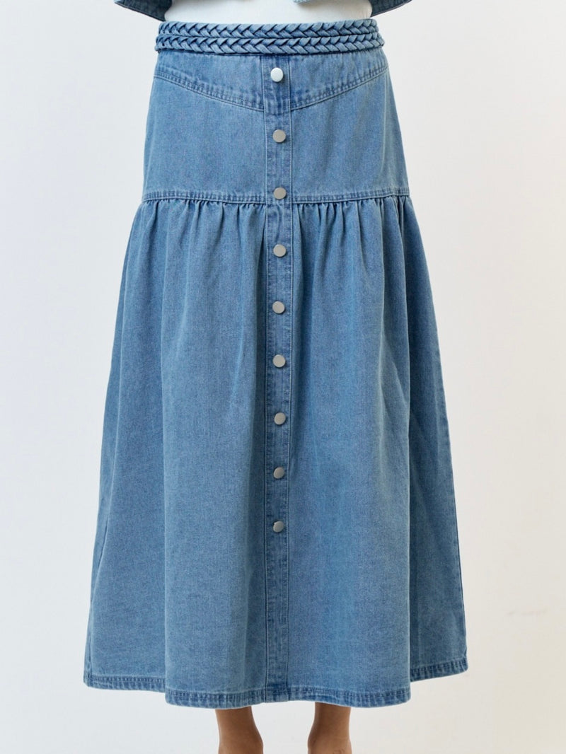 Braided Trim Denim Midi Skirt