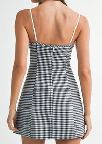 Black Gingham Plaid Contrast Spaghetti Strap Short Dress