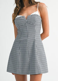 Black Gingham Plaid Contrast Spaghetti Strap Short Dress