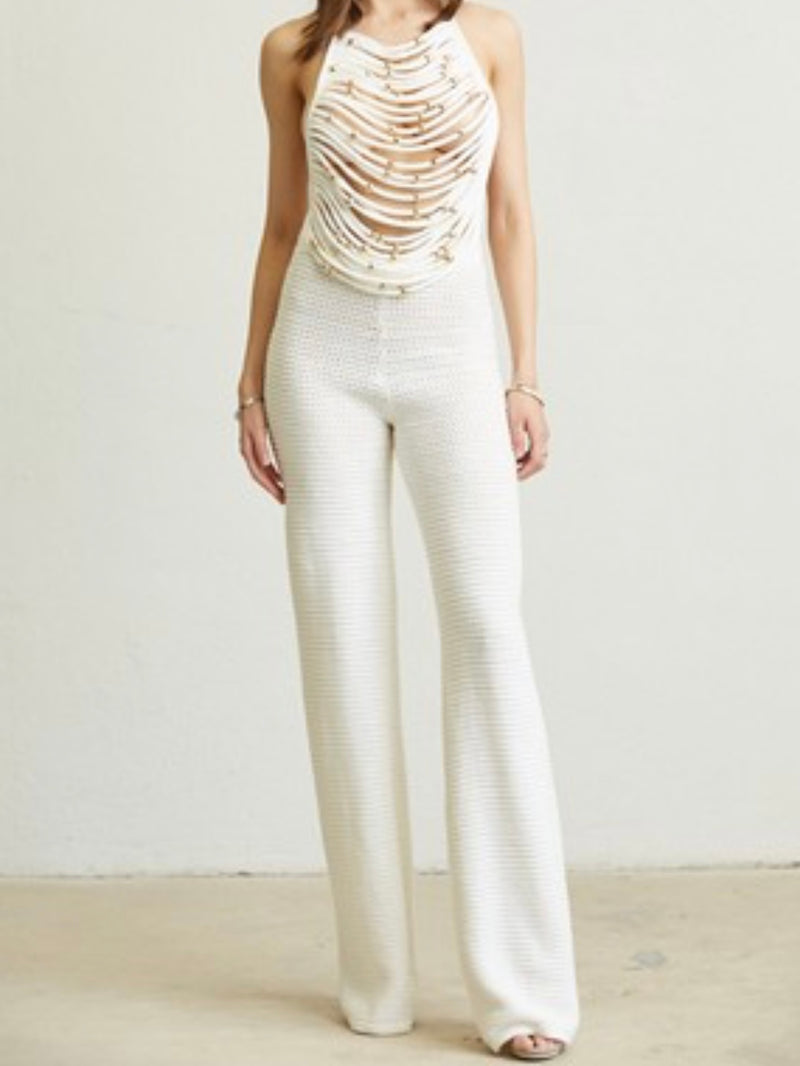 Exquisite Ivory Gold Beaded Rope Top