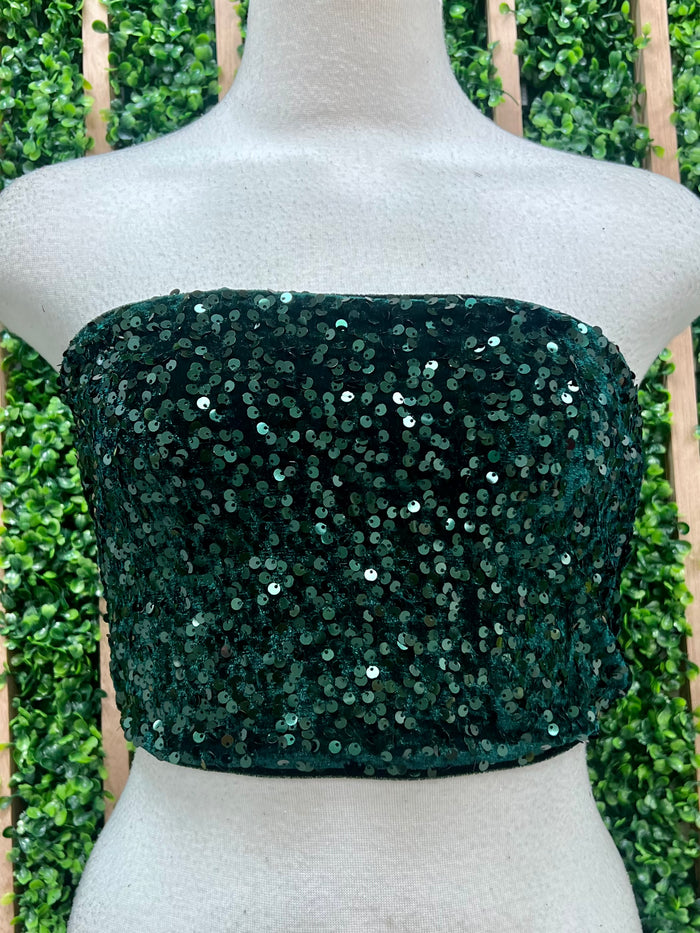 Emerald Sequined Velvet Tube Crop Top