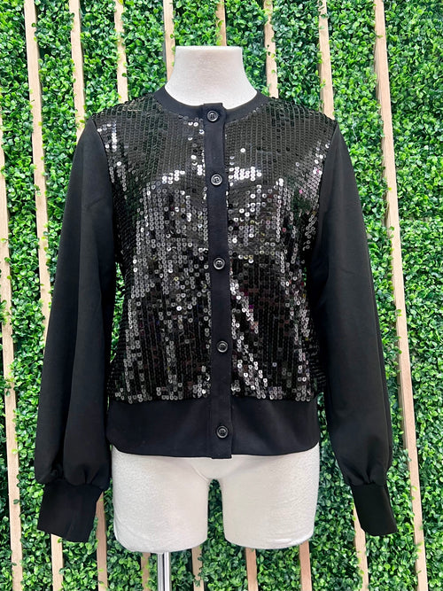 Black Sequin Front Button Down Cardigan