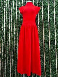 Red High Neck Knitted A Line Midi Dress