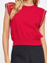 Red Pearl Trim Knit Top