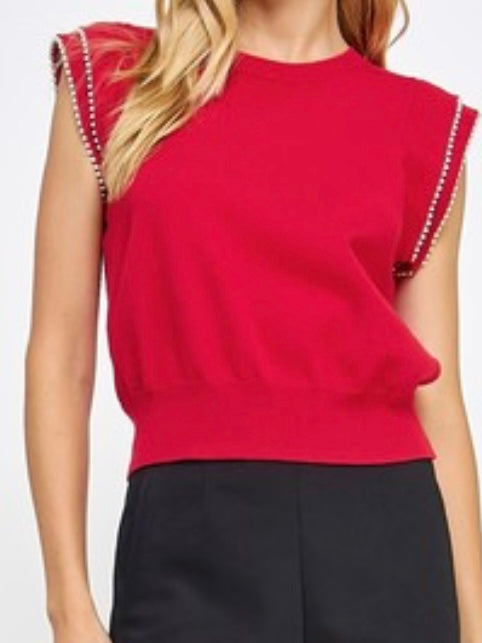 Red Pearl Trim Knit Top