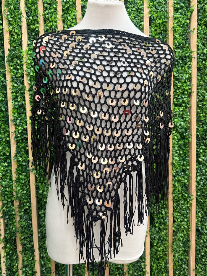 Sequin Fringe Crochet Beach Cover-Up Poncho