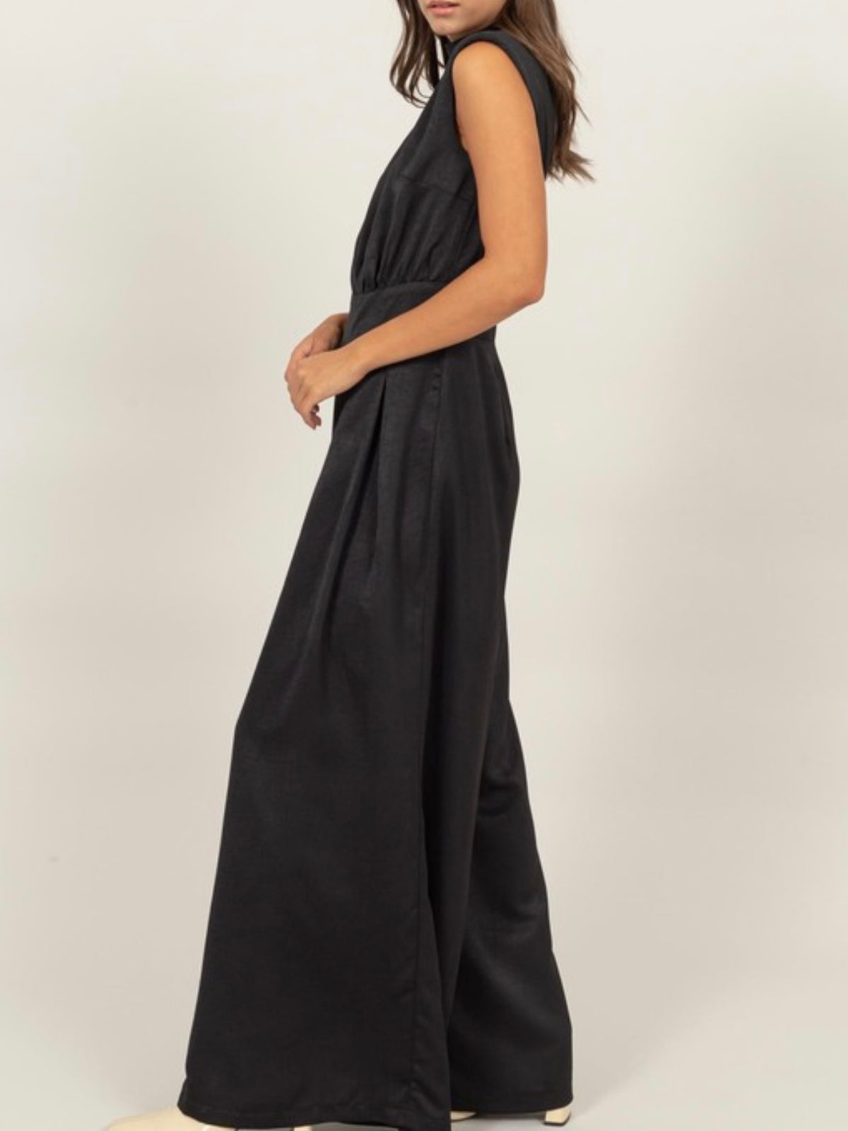 High Neck Sleeveless Wide Leg Satin Jumpsuit