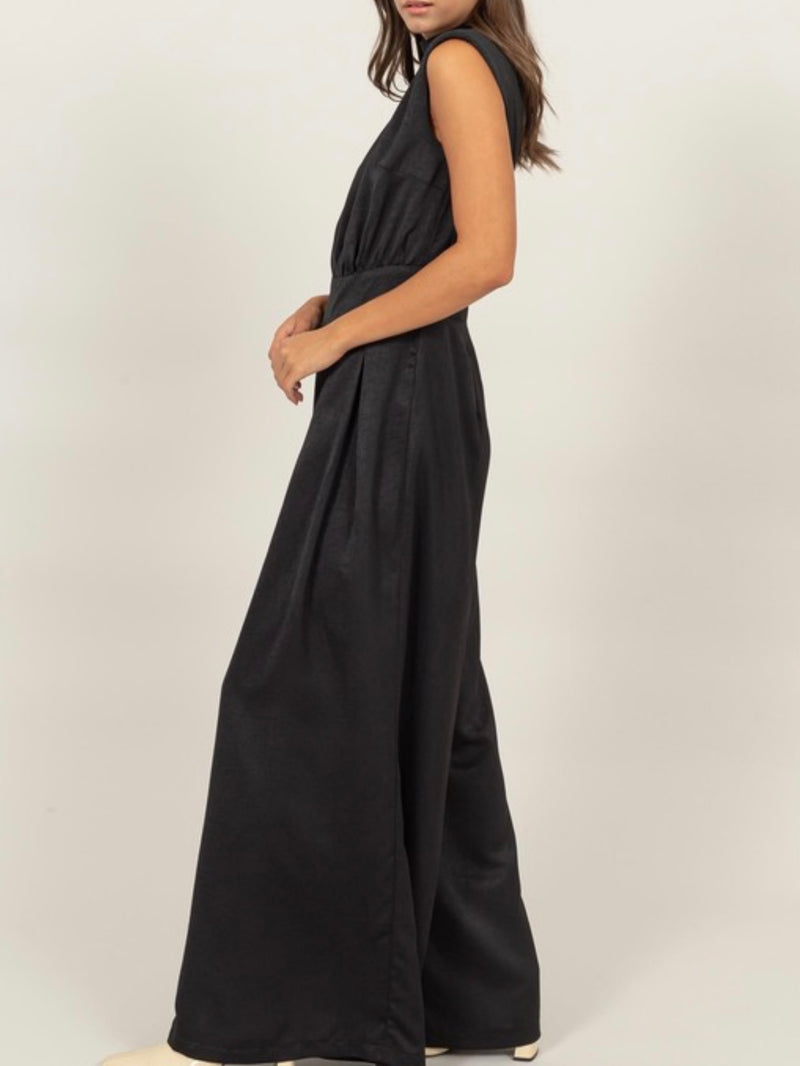 High Neck Sleeveless Wide Leg Satin Jumpsuit
