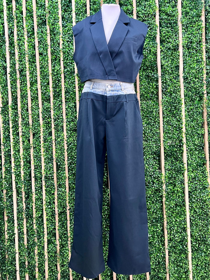 Denim Contrast Wide Leg Palazzo Pant