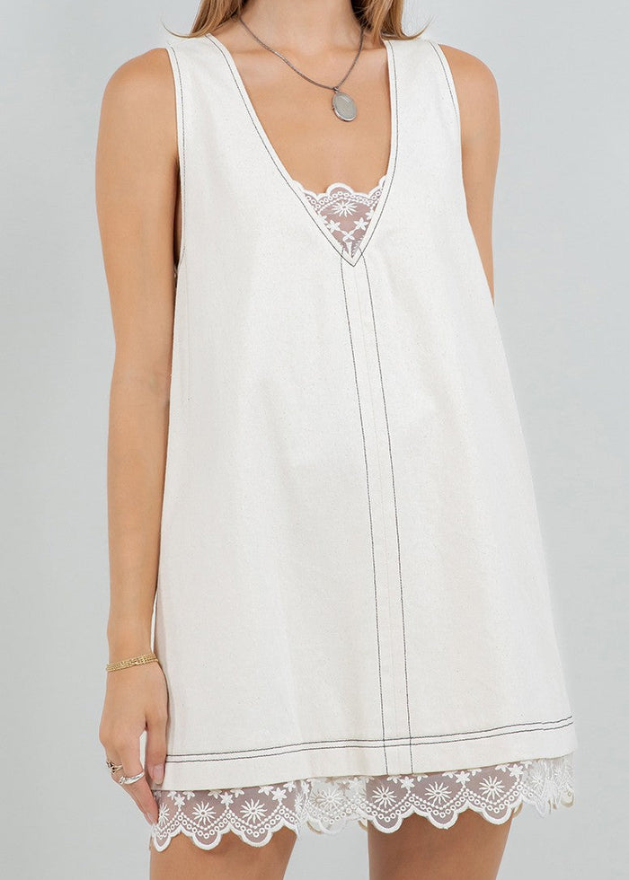 Denim Washed Contrast Lace Insert Shift Dress