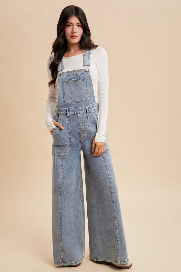 Washed Wide Palazzo Leg Denim Overall Jumpsuit