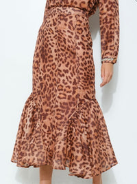 Camel Leopard Fitted Mermaid Midi Skirt