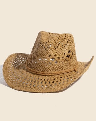 Brown straw cowboy hat on a beige background